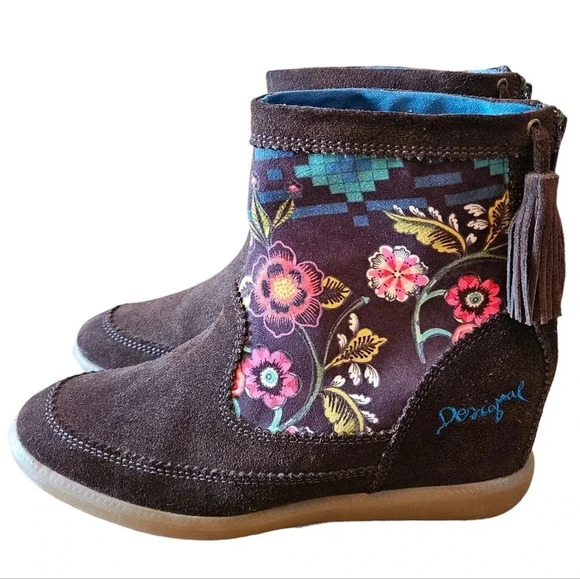 Desigual Carlas Suede Leather Bohemian Floral Hippie Ankle Brown Boots Size 37. - Picture 3 of 13